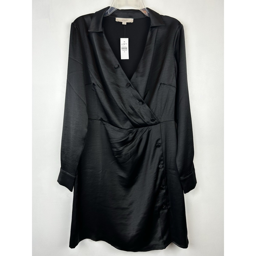 Loft Dress Womens 8 Black Satin Shirt Dress Cocktail Event Silky Chic Classic